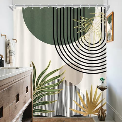 KOMLLEX Mid Century Green Boho Abstract Modern Bathroom Shower Curtain Set