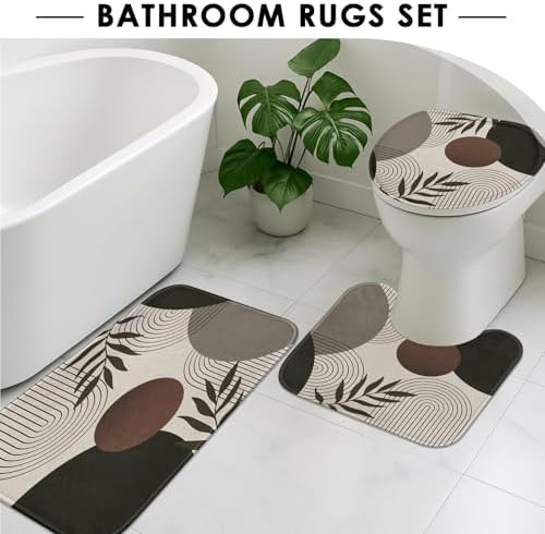 Bathroom Sets with Shower Curtain and Rugs, 4 Pcs, Minimalist Leaf