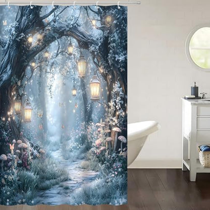 Fantasy Forest Path Shower Curtain Winter Fairy Magical Enchanted Misty Jungle Mushroom Floral Tree Butterfly Lantern Wonderland Bath Curtain Fabric Bathroom Accessories Decor with Hooks 47W x63L