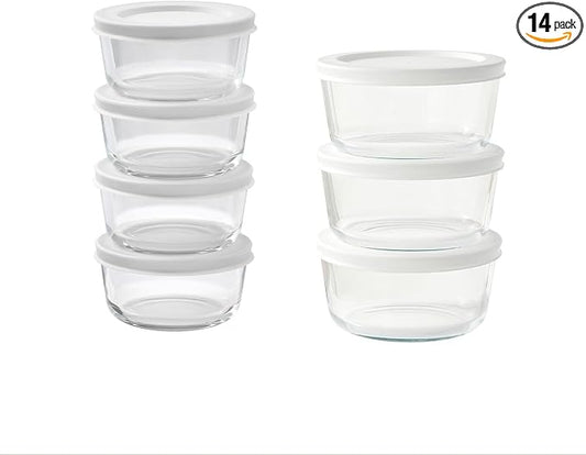 14-Piece Glass Food Storage Containers Set (7 Containers + 7 BPA-Free Lids) | 1-Cup & 2-Cup, Leakproof | Microwave, Freezer, Oven & Dishwasher Safe | Ideal for Meal Prep & Pantry Organization, White