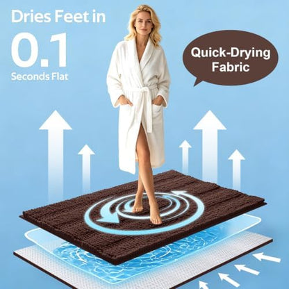 ACCUMTEK Striped Brown Bathroom Rug Set 3 Pieces Ultra Soft, Non Slip Chenille Toilet Mat, Absorbent Plush Shaggy Bath Mats for Bathroom, Bedroom, Kitchen