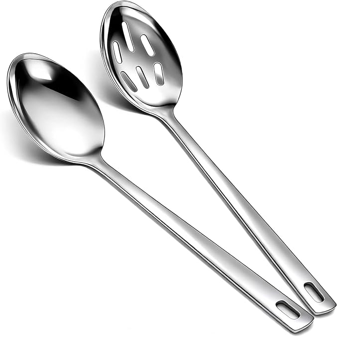 Kyraton Cooking Spoon Set, Stainless Steel Kitchen Cooking Serving, Solid Spoon, Slotted Spoon, Heat Resistant Handle, Dishwasher Safe, Easy to Clean