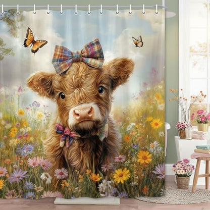 Cow Shower Curtain, Farmhouse Rustic Floral Funny Cute Highland Cow Shower Curtains, Western Cattle Bull Animal Wildflower Country Farm Animal Bathroom Decor, Surreal Bathroom Curtain, 70x84 inch