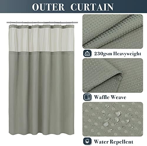 N&Y HOME Extra Long Waffle Shower Curtain with Snap-in Liner Sage, 71x84