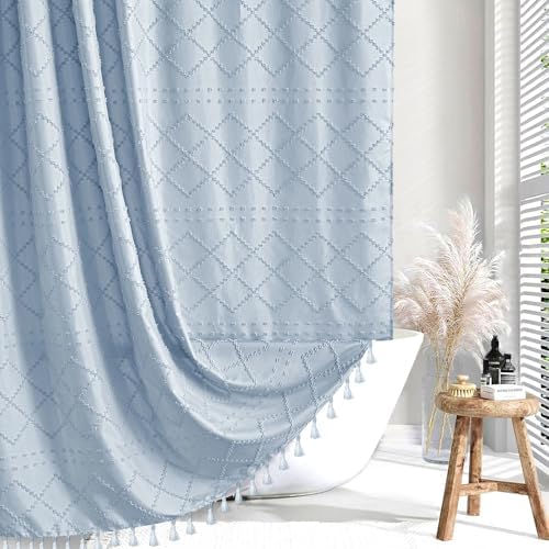 Siiluminisoy Fog Blue Boho Shower Curtain, 72 x 72 Tufted Chevron Textured Striped Modern Farmhouse Minimalist Cloth Shower Curtain for Bathroom