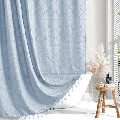 Siiluminisoy Fog Blue Boho Shower Curtain, 72 x 72 Tufted Chevron Textured Striped Modern Farmhouse Minimalist Cloth Shower Curtain for Bathroom