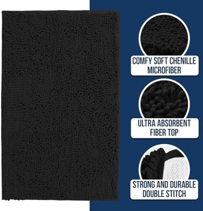 Muddy Mat Chenille Bathroom Rugs Quick Dry Microfiber Mats Non Slip Washable, Extra Thick, Soft and Highly Absorbent Bath Mats for Bathroom, Kitchen, and Shower Floor - Black Small 28"X18"