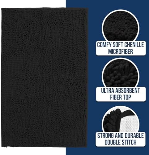 Muddy Mat Chenille Bathroom Rugs Quick Dry Microfiber Mats Non Slip Washable, Extra Thick, Soft and Highly Absorbent Bath Mats for Bathroom, Kitchen, and Shower Floor - Black Medium 30"X19"