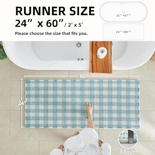 TYUU Waffle Runner Rug Bathroom, Long Cute Bath Mat, 60x24 Blue & White