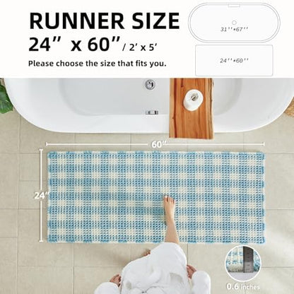 TYUU Waffle Runner Rug Bathroom, Long Cute Bath Mat, 60x24 Blue & White