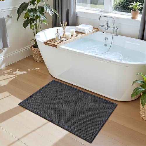 DEXI Chenille Bath Mat 32x20, Soft Absorbent Bathroom Rugs, Dark Grey