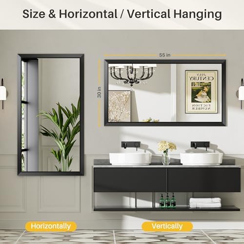 Briivue Black Metal Framed Bathroom Wall Mirror, 55x30 Inch