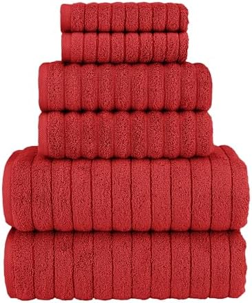Elegant Comfort 100% Turkish Cotton Corduroy Ribbed Luxury Bath Towels 6-Piece Set, Premium Feel - Quick Dry, Highly Absorbent, Contains 2 Bath Towels, 2 Hand Towels, and 2 Washcloths, Red