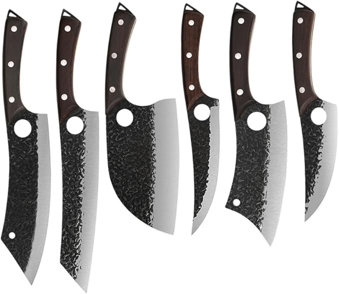 6PCS Hand Forged Kitchen Knife Set, High Carbon Steel Chef Knives with Wenge Wood Handle, Sharp Cleaver & Butcher Knives Set for Kitchen Cooking, Hammered Blade, Leather Sheaths Included