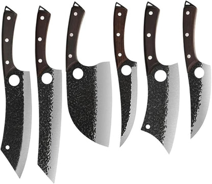 6PCS Hand Forged Kitchen Knife Set, High Carbon Steel Chef Knives with Wenge Wood Handle, Sharp Cleaver & Butcher Knives Set for Kitchen Cooking, Hammered Blade, Leather Sheaths Included