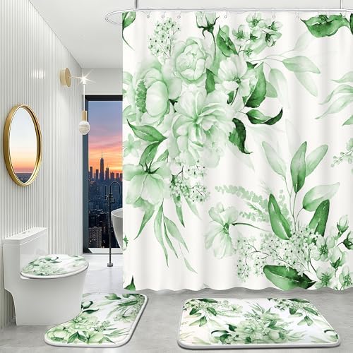16 PCS Floral Shower Curtain Set with Rugs and 12 Hooks,Sage Green,72 x 72"