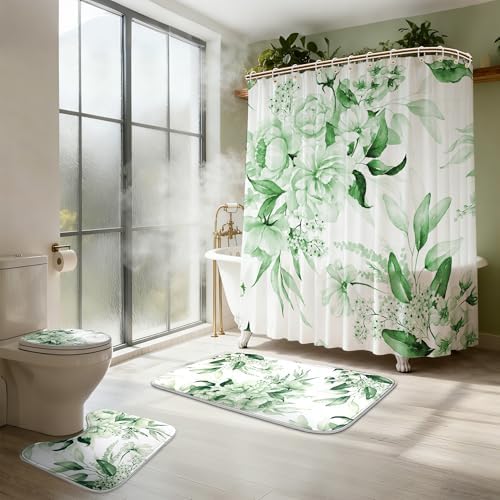 16 PCS Floral Shower Curtain Set with Rugs and 12 Hooks,Sage Green,72 x 72"