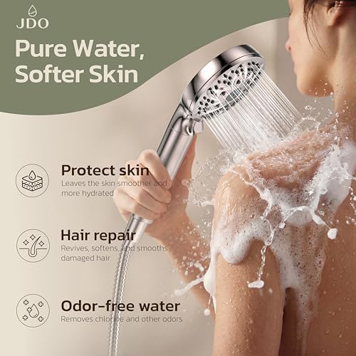 6-Setting Filtered Handheld Shower Head, JDO High Pressure Shower Head with Replaceable Filter Cartridge 4.7 Inch Detachable Showerhead for Chlorine Hard Water Removal 59 Inch Stainless Steel Hose
