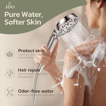 6-Setting Filtered Handheld Shower Head, JDO High Pressure Shower Head with Replaceable Filter Cartridge 4.7 Inch Detachable Showerhead for Chlorine Hard Water Removal 59 Inch Stainless Steel Hose