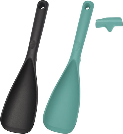 12.6" Extra Long Silicone Spatula Spoon for Nonstick Cookware, Seamless One-Piece Design Cooking Spoon with Built-in Tool Rest for Mixing, Scoop and Scrape, Dishwasher Safe, Black & Aqua Sky