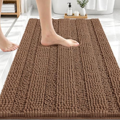 OLANLY Thick Bathroom Rugs 30x20, Soft Chenille Striped Bath Rugs, Mocha