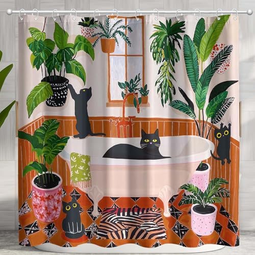 Funny Cat Shower Curtain Boho Cute Fun Black Cats Matisse Shower Curtains for Bathroom Kitten Green Tropical Plant Leaves Beige Brown Red Waterproof Fabric Bath Curtain Decor 72 X 84 Inches