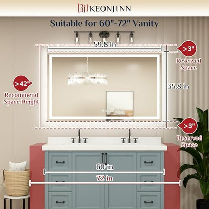 Keonjinn 60x36 Inch LED Bathroom Mirror with Lights, Frontlit & Backlit