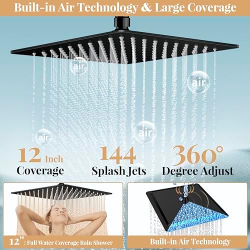 12" Black Rain Shower Head with Handheld Spray and 16" Extension Arm