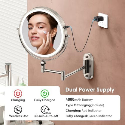 ZLOKLA 9" Wall Mounted Lighted Makeup Mirror,4000mAh Rechargeable Double Sided 1X/20X Magnifying Mirror with Light,Touch Dimmable,Extended Arm 360 Rotation Wall Mounted Makeup Mirror 3 Color Lights-N