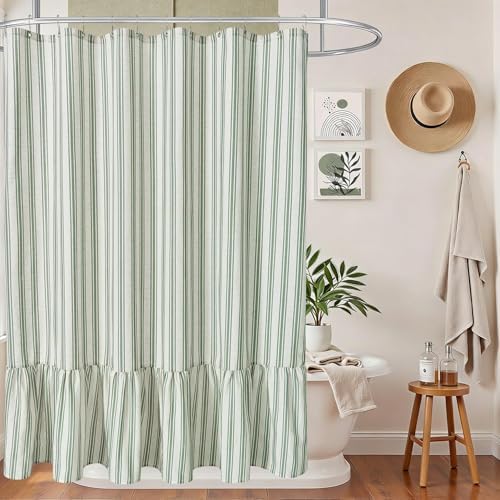 ORTIGIA Linen Textured Ruffle Shower Curtain 72x72 Inch with Metal Hooks, Vintage Cream-Green Waterproof Bath Curtain for Rustic Farmhouse Bathroom Decor
