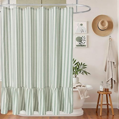 ORTIGIA Linen Textured Ruffle Shower Curtain 72x72 Inch with Metal Hooks, Vintage Cream-Green Waterproof Bath Curtain for Rustic Farmhouse Bathroom Decor