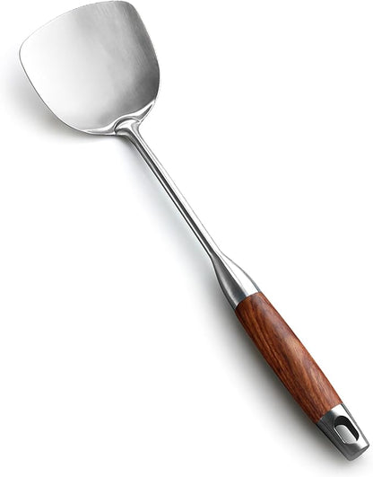 IQCWOOD Chinese Wok Spatula, 15.7’’ Stainless Steel Spatula with Wooden Handle, Ideal Kitchen Gift for Mother and Grandma, Kitchen Utensils Set for Cooking, Frying, Baking