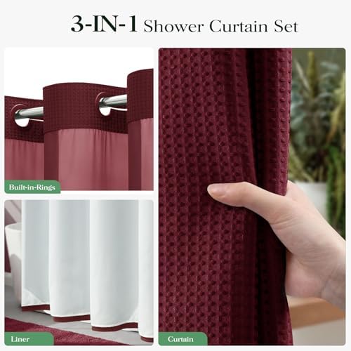 Dynamene Burgundy Hook Free Waffle Shower Curtain & Snap Fabric Liner,72x99