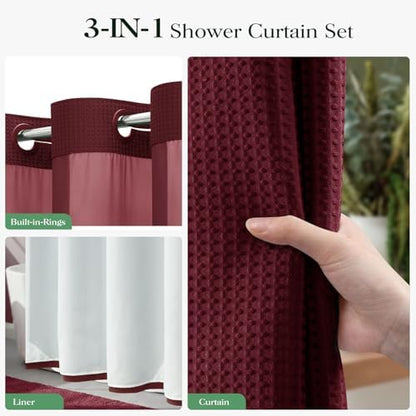 Dynamene Burgundy Hook Free Waffle Shower Curtain & Snap Fabric Liner,72x99