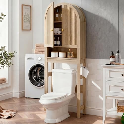 HMstone Over The Toilet Storage Cabinet, Arched Bathroom Organizer and Storage with Doors and Adjustable Shelf, Space-Saving Freestanding Bathroom Modern Storage Cabinet Over Toilet (Natural)