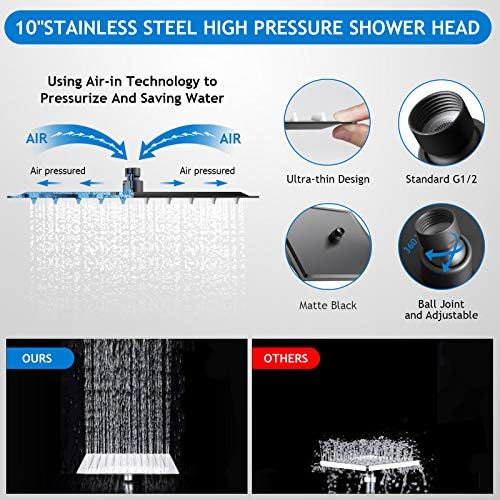 Black Shower Head Combo,10 Inch High Pressure Rain with 11" Extension Arm
