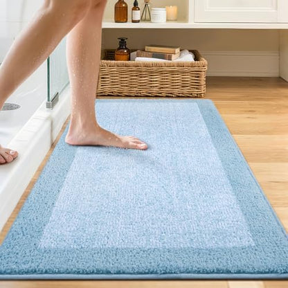 40x24 Bathroom Rugs Non Slip Washable, Soft Absorbent Bath Mat Light Blue