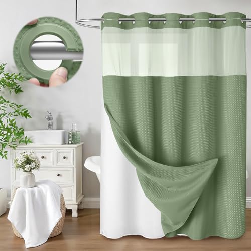 No Hook Shower Curtain with Liner Set Hotel Waffle Curtain Green 72W X 75L