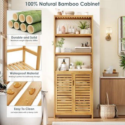 HIFIT 6-Tier Bamboo Book Shelves with 2 Door, Tall Bathroom Storage Cabinet