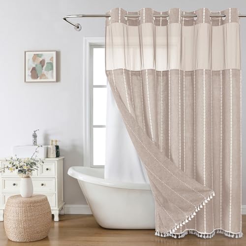 eachope No Hook Extra Long Shower Curtain Set with Snap-in Liner,Linen Textured Thick Striped Fabric with Tassels,Boho Chic Modern Farmhouse Bathroom Curtain,Water-Repellent,Tan/Taupe,71x86