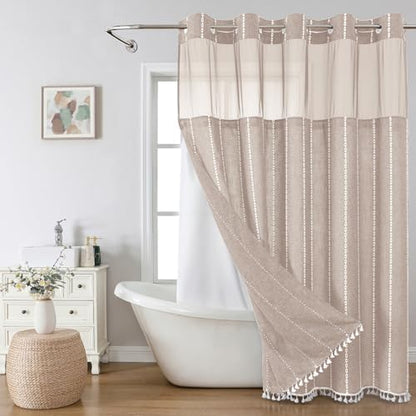 eachope No Hook Extra Long Shower Curtain Set with Snap-in Liner,Linen Textured Thick Striped Fabric with Tassels,Boho Chic Modern Farmhouse Bathroom Curtain,Water-Repellent,Tan/Taupe,71x86