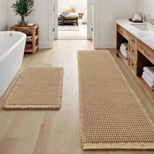 MIULEE Set of 2 Waffle Bathroom Rugs Boho Bath Mat Brown 17"x24"+17"x48"