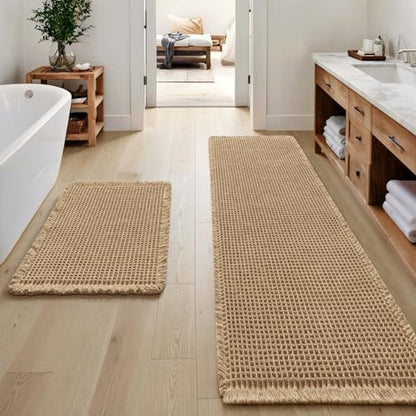 MIULEE Set of 2 Waffle Bathroom Rugs Boho Bath Mat Brown 17"x24"+20"x47"