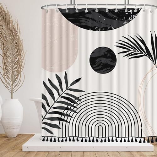 Boho Mid Century Leaf Shower Curtain Set,Arch Sun Design,Minimalistic Leaves Pattern,Waterproof and Luxurious Fabric-12 Hooks(Black and White-72" x 84")