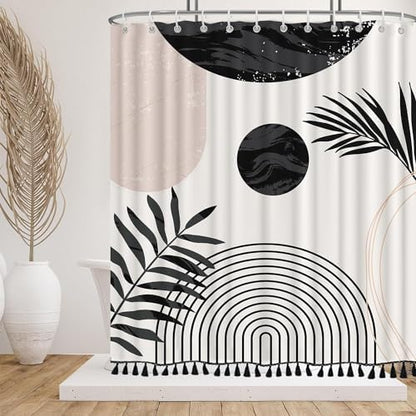 Boho Mid Century Leaf Shower Curtain Set,Arch Sun Design,Minimalistic Leaves Pattern,Waterproof and Luxurious Fabric-12 Hooks(Black and White-72" x 84")