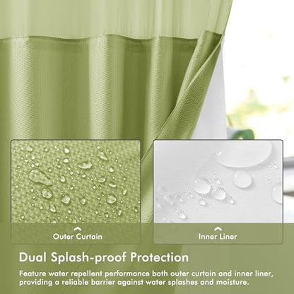 Mrs Awesome No Hook Shower Curtain with Snap-in Liner, Embossed Waffle Design Fabric Shower Curtain for Bathroom, Soft & Lightweight, 71x74, Sage Green
