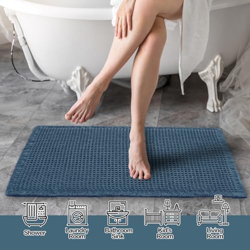 ZALL Blue Waffle Bath Mat,Super Absorbent Non Slip Bathroom Rug, 17x24inch, Machine Washable Ultra Soft Floor Mats