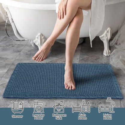 ZALL Blue Waffle Bath Mat,Super Absorbent Non Slip Bathroom Rug, 17x24inch, Machine Washable Ultra Soft Floor Mats