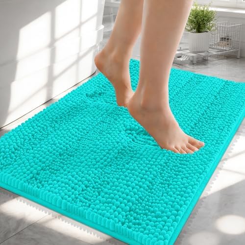 OLANLY Thick Small Bathroom Rugs 24x16, Soft Chenille Bath Rugs, Teal