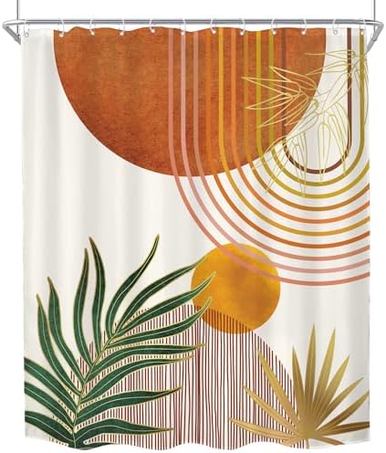 Mid Century Orange Boho Abstract Retro Gold Bathroom Shower Curtain Set